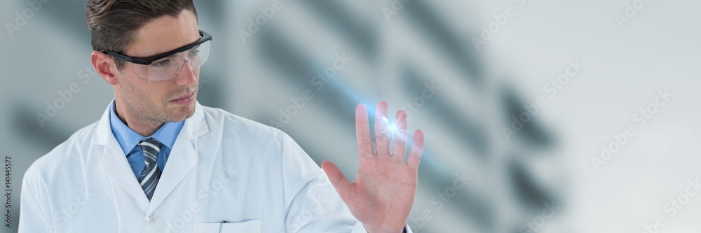 Composite image of doctor touching transparent interface Composite image of doctor touching transparent interface