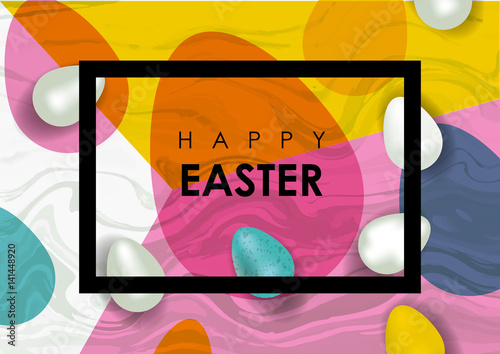 Easter festive vector illustration. Realistic festive eggs and marble texture.