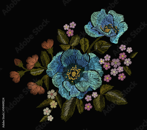 Embroidery colorful floral pattern with poppy and daisy flowers. Vector traditional folk fashion ornament on black background.