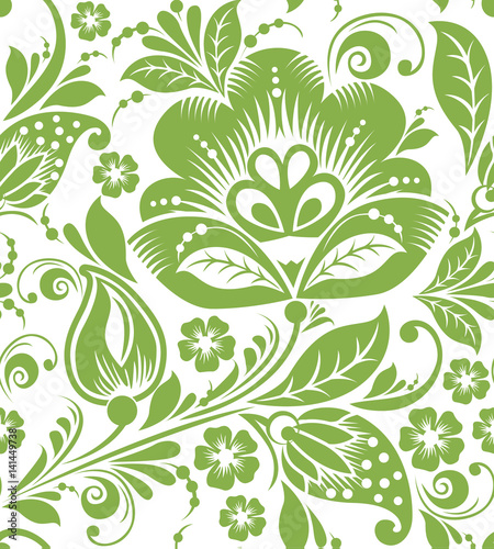 Greenery russian floral seamless pattern background  vector illustration. Spring style