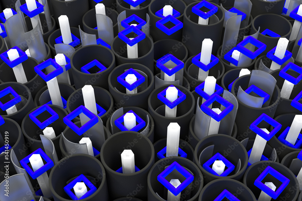 Fototapeta premium Pattern of black tubes, hexagons, square elements and glass surfaces