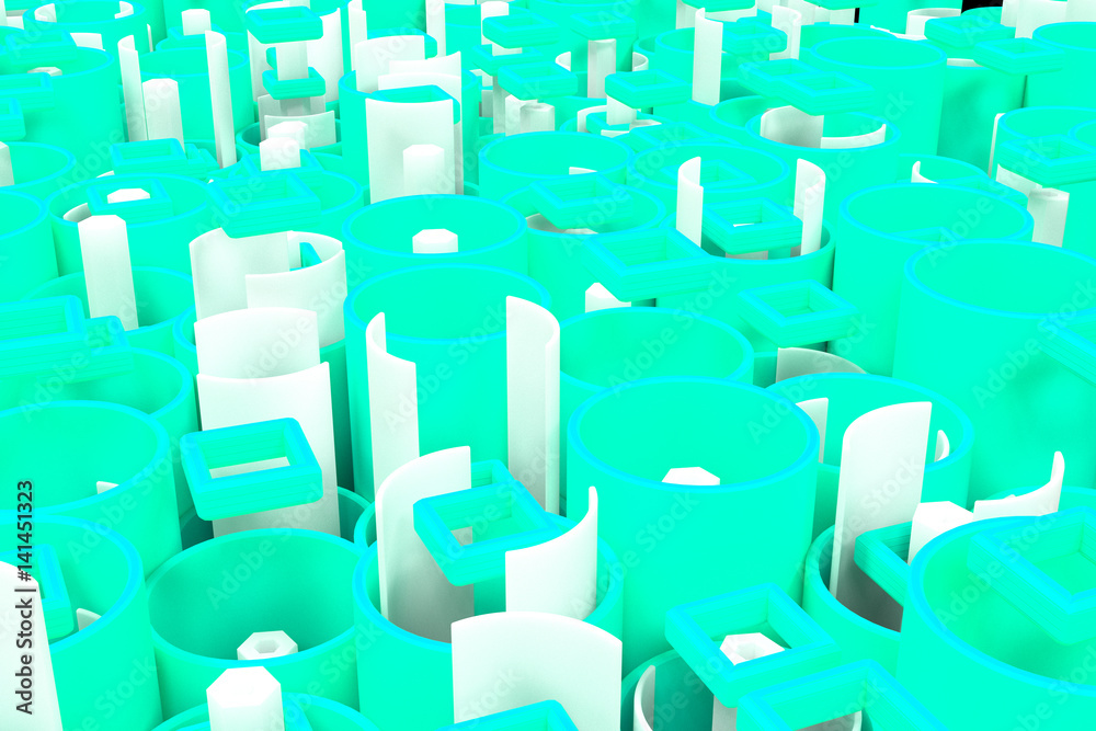 Obraz premium Pattern of colored tubes, repeated square elements, white hexagons and surfaces