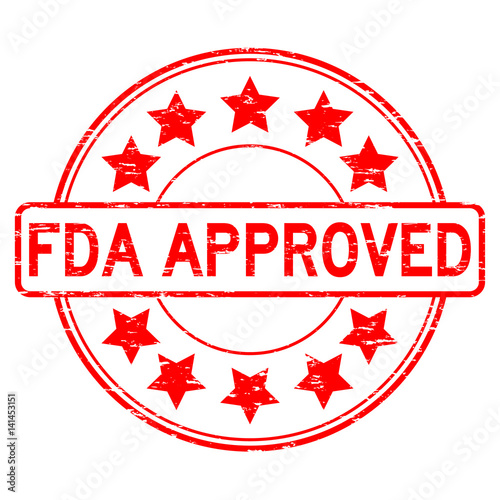 Grunge red FDA approved with star icon round rubber seal stamp on white background