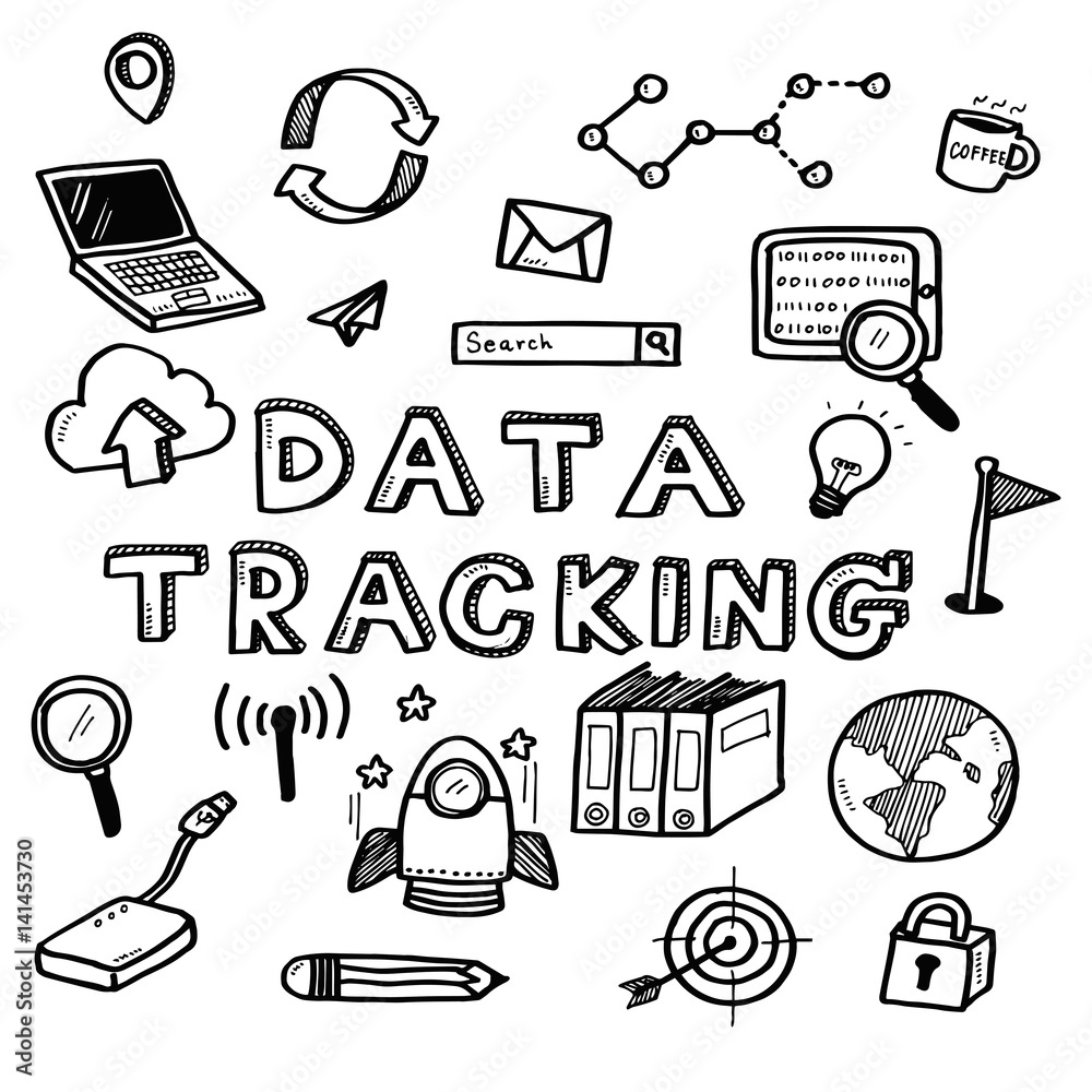 Hand draw business doodles data tracking icons and words set on white ...