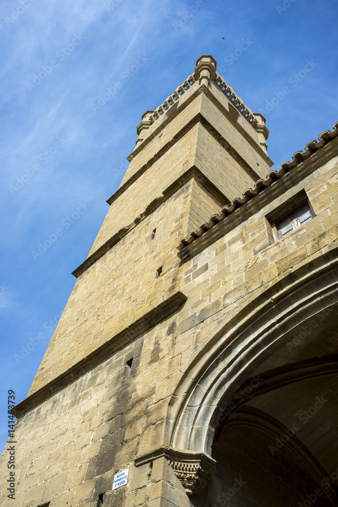 Bell tower of the San Martin de Tours Church, in Uncastillo, Zaragoza, Aragon, eastern Spain. It was consecrated around 1.179 and reformed in the XVI century