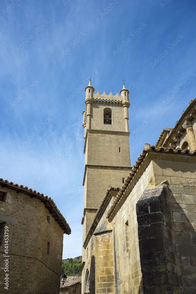 Bell tower of the San Martin de Tours Church, in Uncastillo, Zaragoza, Aragon, eastern Spain. It was consecrated around 1.179 and reformed in the XVI century