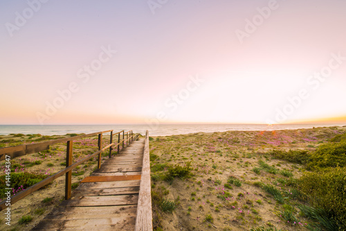 Boardwalk on a beach at sunset