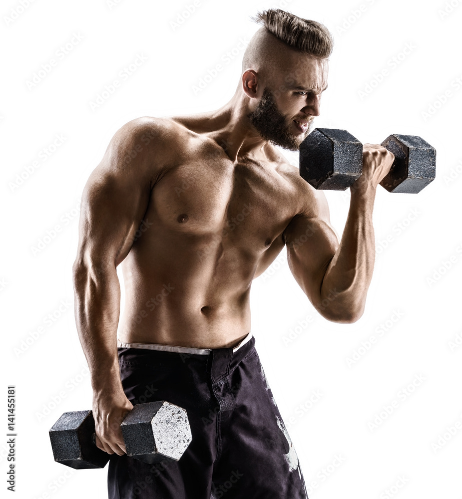 Strong man doing exercises with dumbbells at biceps. Photo of muscular male with naked torso on white background. Strength and motivation