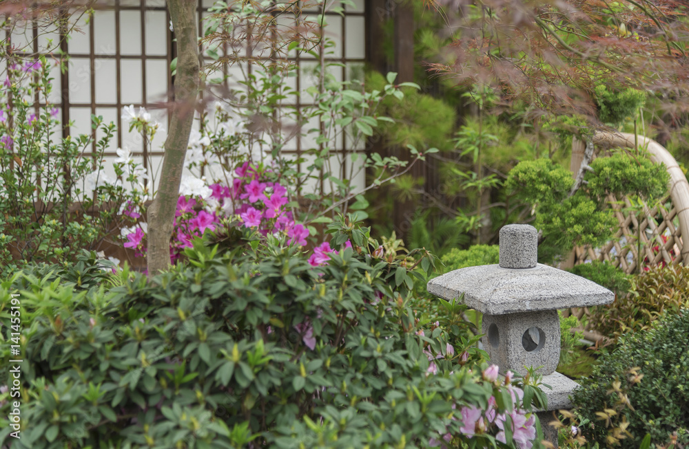 Japanese stone lantern in Japanese garden