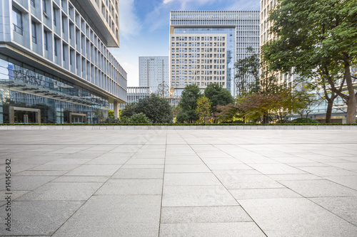 Empty floor with modern business office building