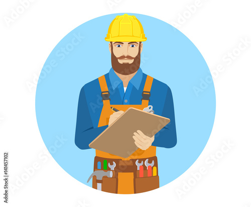 Worker writes on the clipboard closeup