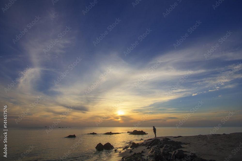 Rocky sunrise at Samila beach, Songkhla, southern of Thailand