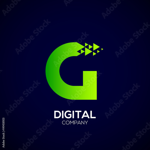 Letter G Pixel logo, Triangle, Arrow and forward logo, Green color,Technology and digital logotype