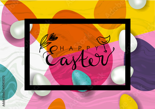 Easter vector illustration. Realistic festive eggs and sketch drawing spring twigs, flowers and birds. Hand written lettering.
