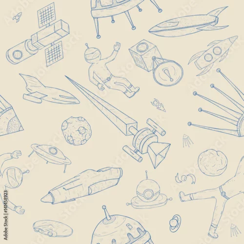 Tapety Ręcznie rysowane astronomii wzór. Tło z obiektami kosmicznymi, planetami, promami, rakietami, satelitami i kosmonautą.