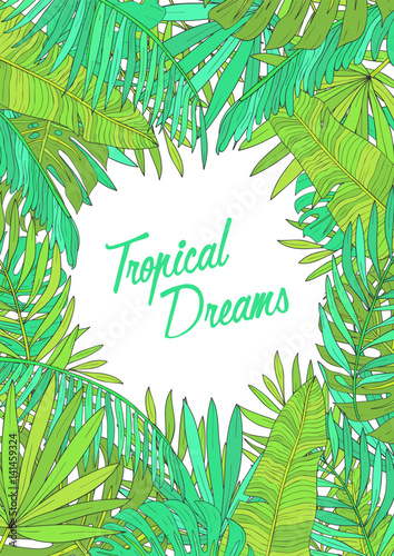 Summer background with tropical leaves, monstera, chamaedorea, banana and other palms