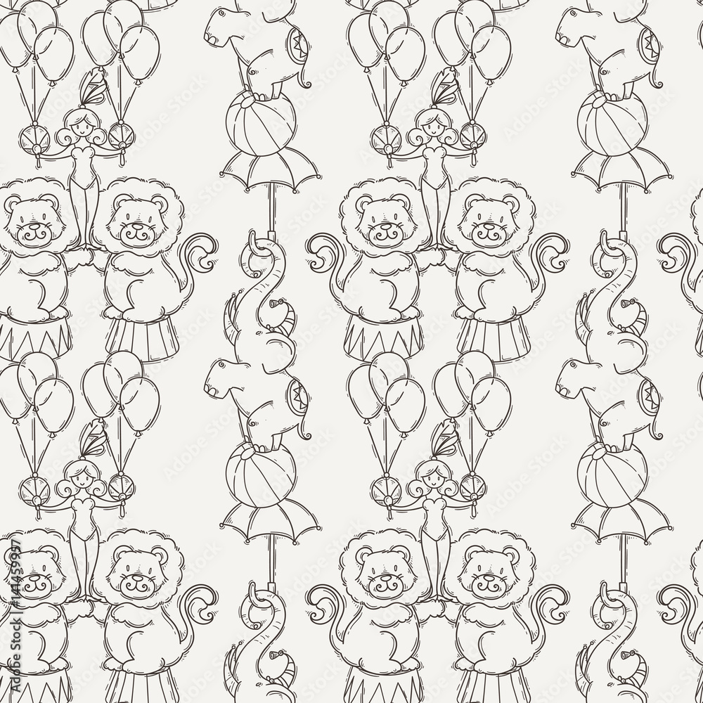 Doodle seamless pattern with circus animals and artists.