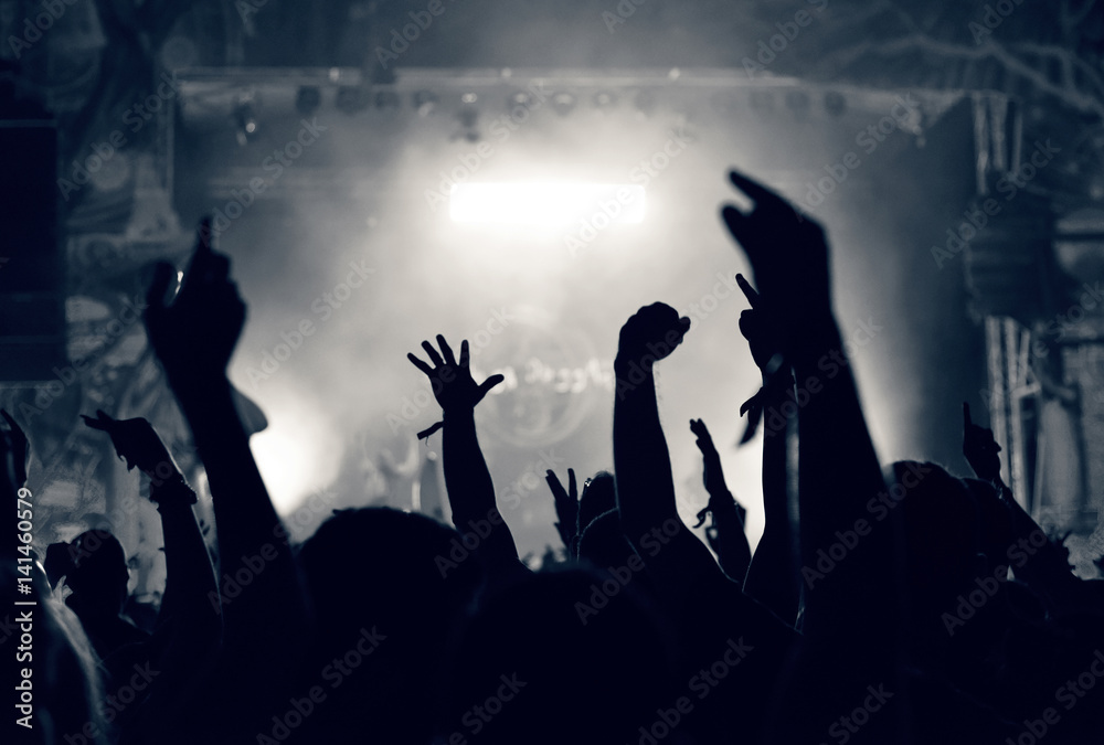 Obraz premium Crowd at a music concert, audience raising hands up, toned