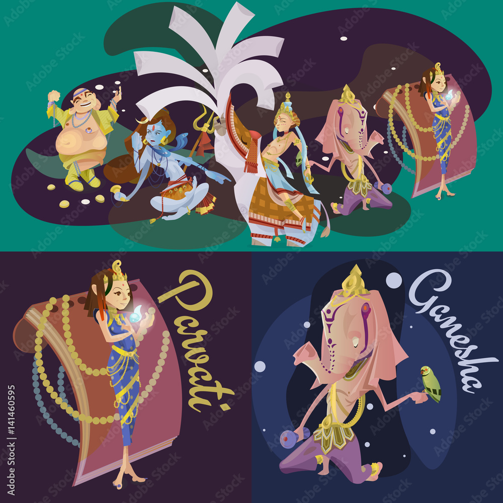 Set of isolated hindu gods meditation in yoga poses lotus and Goddess