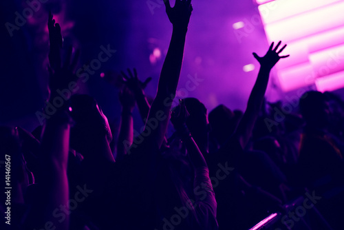 Crowd rocking during a concert with raised arms.