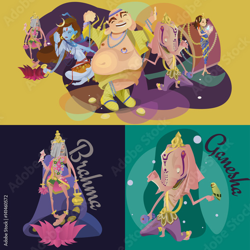 Set of isolated Indian Gods meditation in yoga poses lotus and Goddess hinduism religion, traditional asian culture spiritual mythology, deity worship festival vector illustrations, T-shirt concepts