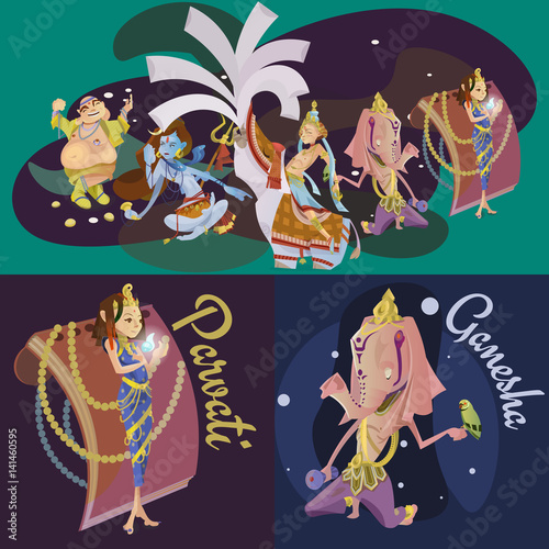 Set of isolated hindu gods meditation in yoga poses lotus and Goddess hinduism religion, traditional asian culture spiritual mythology, deity worship festival vector illustrations, T-shirt concepts