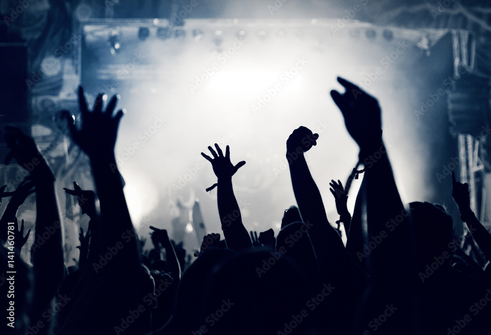 Obraz premium Crowd at a music concert, audience raising hands up, toned