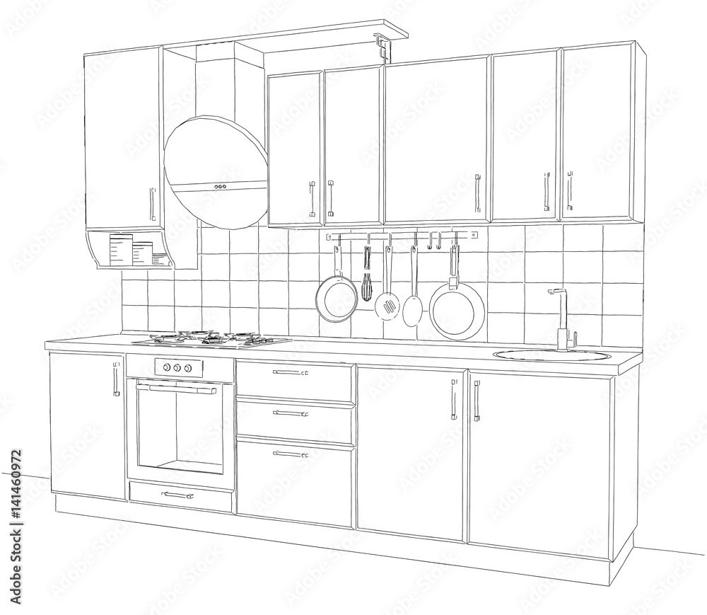Line drawing of kitchen furniture with range hood isolated black and ...
