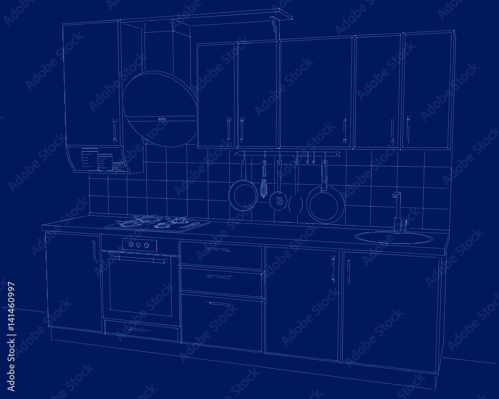 Kitchen cabinetry with round hood on blue background. Kitchen cabinetry with round hood on blue background.