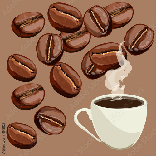 Cup of coffee and coffee beans, close up, isolated.