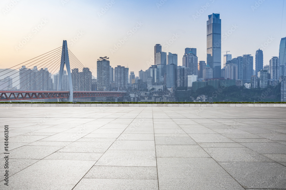 cityscape and skyline of chongqing in cloud sky on view from empty floor