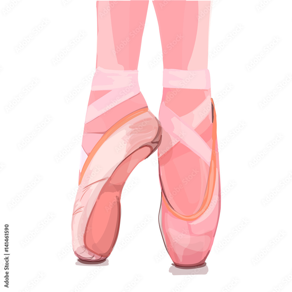 Fototapeta premium Vector illustration. Ballerina`s feet in pointe shoes. Ballerina`s legs in position.