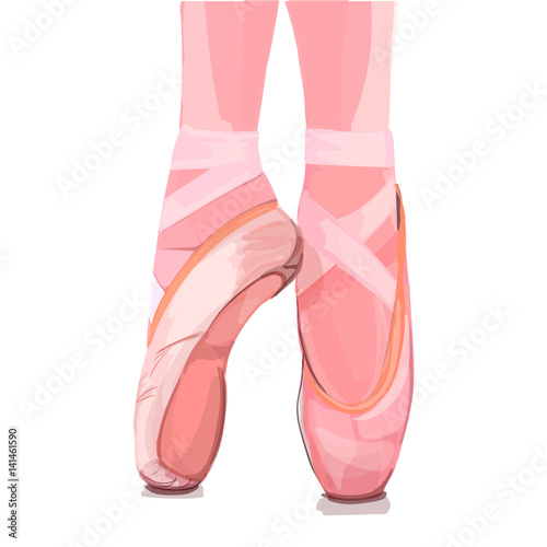 Vector illustration. Ballerina`s feet in pointe shoes. Ballerina`s legs in position.