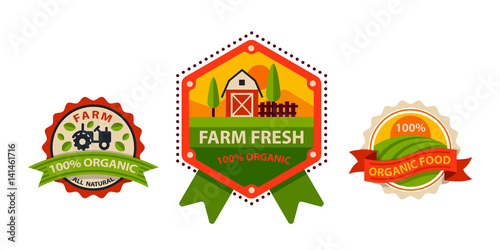 Flat style of bio organic eco healthy food label logo template and vintage vegan farm element in orange green color badge vector illustration.