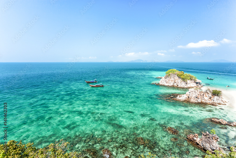 blue sky long tail boat high view blue sky long tail boat high view