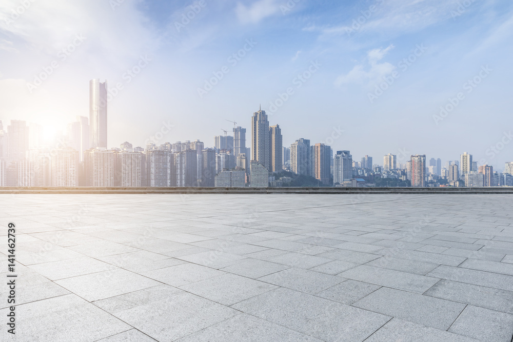 cityscape and skyline of chongqing in cloud sky on view from empty floor