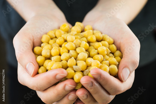 Cheakpeas in hands. Handful of natural organic gram-chick peas in female hands