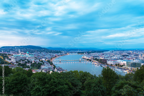 Evening panorama of Budapes from Gellert Hill with a beautiful sunset sky