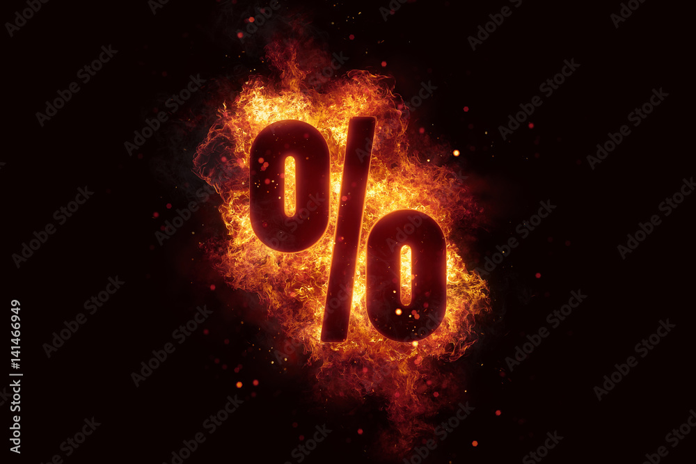Fire sign Percent text on fire flames explosion burning