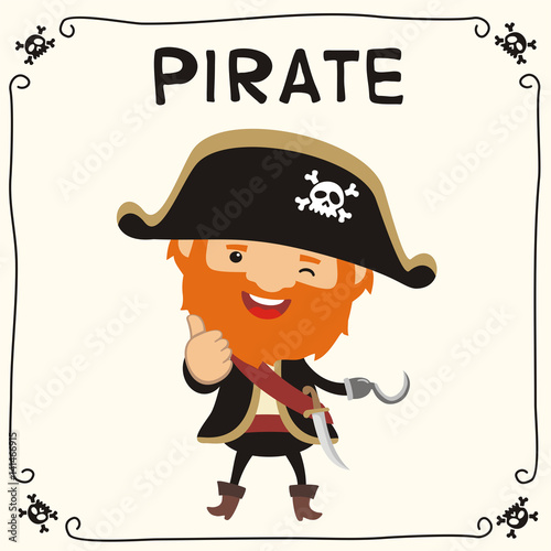 Funny pirate with pistol in cartoon style shows like. Isolated pirate with red beard and hat with skull.