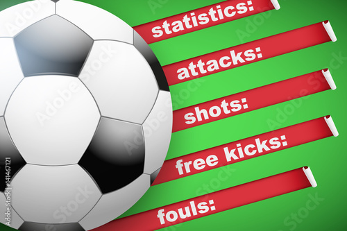 Background of Football Soccer sports. Infographic of list and schedule of players and statistics. Ball with red ribbon on green background. Vector Illustration.