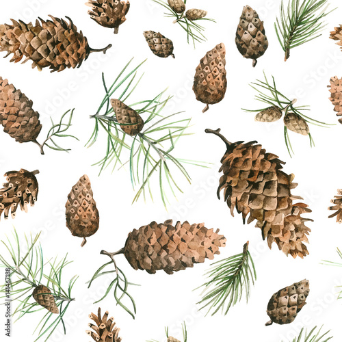 Hand-Drawn seamless pattern with pine cones and branches of coniferous evergreen tree. Design decor background. Card. Illustration