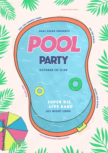Pool party poster. Summer event, festival vector colorful Illustration, placard.