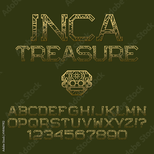 Golden patterned angular letters and numbers. Decorative elegant font. Isolated english alphabet with text Inca Treasure. photo