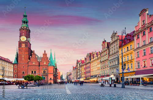 Colorful evening scene on Wroclaw Market Square with Town Hall. photo