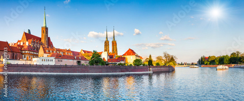 Picturesque scene of famous Tumski island with cathedral of St. John on Odra river.