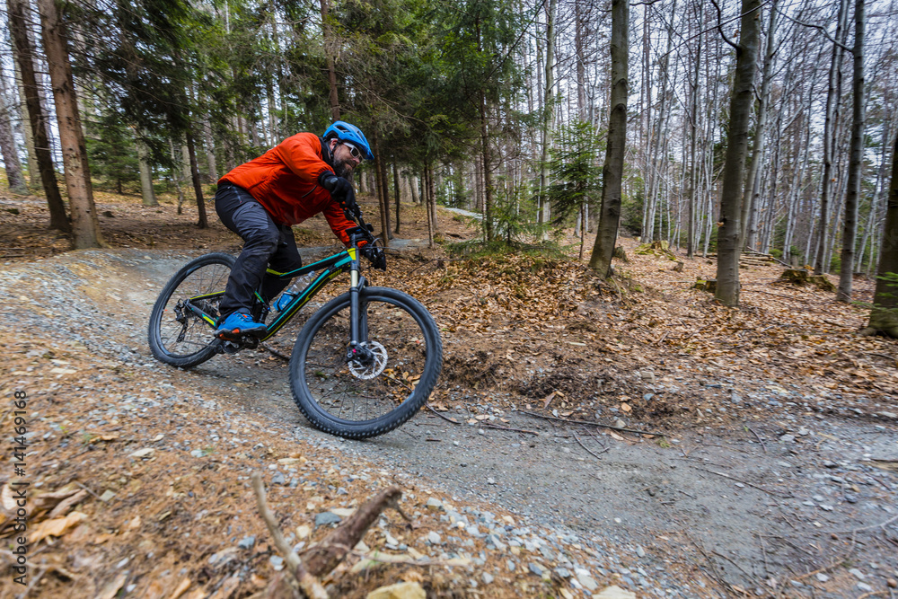 Mountain biker riding on bike in early spring mountains forest landscape. Man cycling MTB enduro flow trail track. Outdoor sport activity. Mountain biker riding on bike in early spring mountains forest landscape. Man cycling MTB enduro flow trail track. Outdoor sport activity.
