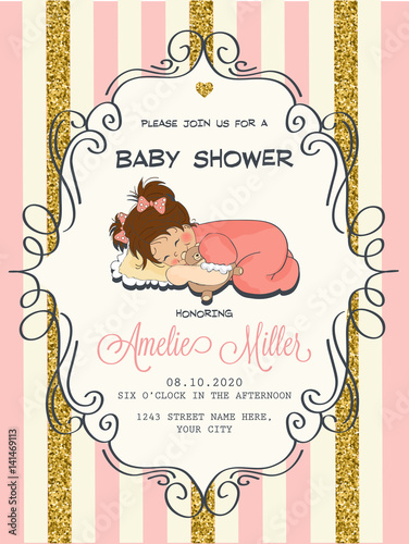 Beautiful baby shower card template with golden glittering details