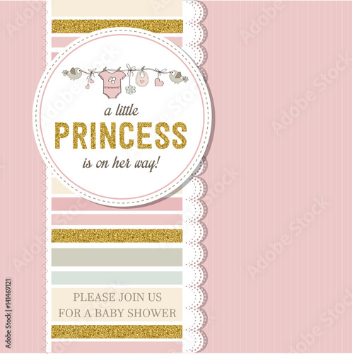 Beautiful baby shower card template with golden glittering details