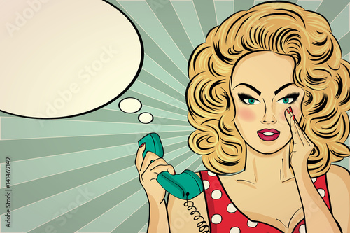 Sexy pop art woman talking on a retro phone